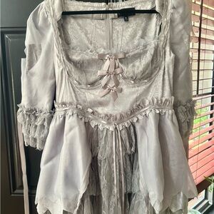 Dollskill Silvery Grey Tattered Lace Lolita Ghost Corset Minidress XL Never Worn